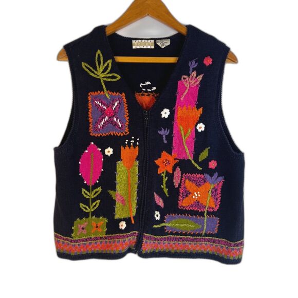 Sigrid Olsen Embroidered Sleeveless Knit Sweater Vest Zip Up Boho Quirky Size LG - Picture 1 of 10